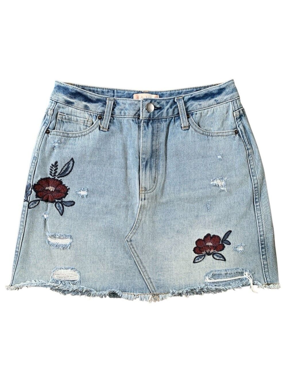 Altar'd State Embroidered Rose Distressed Mini Skirt Light Wash - Size 27